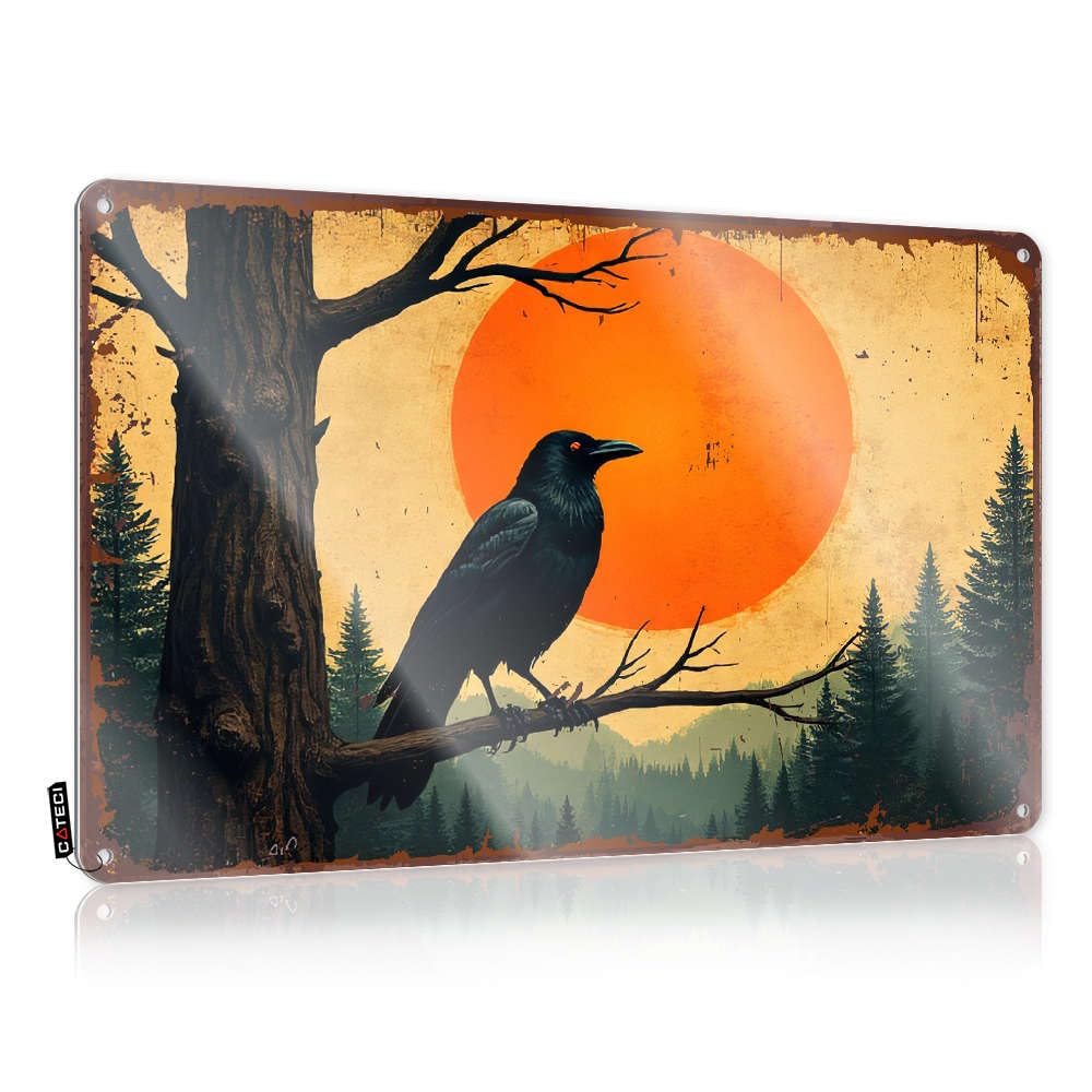 Sujd Colour Plaque Decore Custom Tin Sign, Gift For Husband Fade Resistant A Crow Perches On A Branch Against A Backdrop Of An Orange Sun And Forest. For Home Kitchen | Premium Vintage Decor(30X40cm)