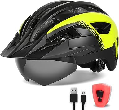 Adult Bike Helmet with Visor and Goggles for Men Women Mountain Road Bicycle Helmet Rechargeable Rear Light Cycling Helmet