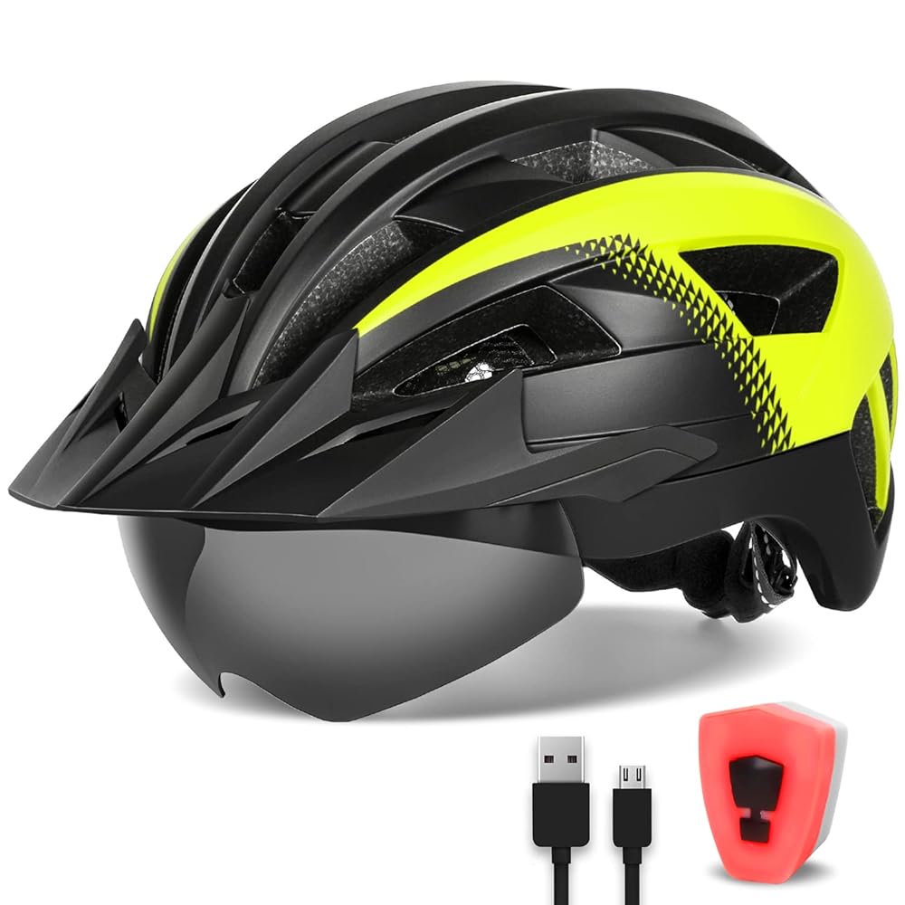 FUNWICT Adult Bike Helmet with Visor and Goggles for Men Women Mountain Road Bicycle Helmet Rechargeable Rear Light Cycling Helmet (M: 54-58 cm (21.3-22.8 inches), Black Yellow)