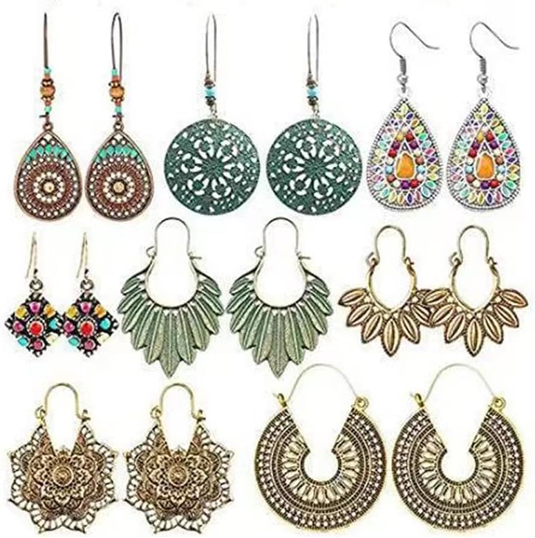 8 Pairs Bohemian Earrings for Women Vintage Boho Dangle Drop Earrings Geometric Teardrop Earring Retro Metal Hollow Hoop Earrings Ethnic Style Jewelry Earrings Set