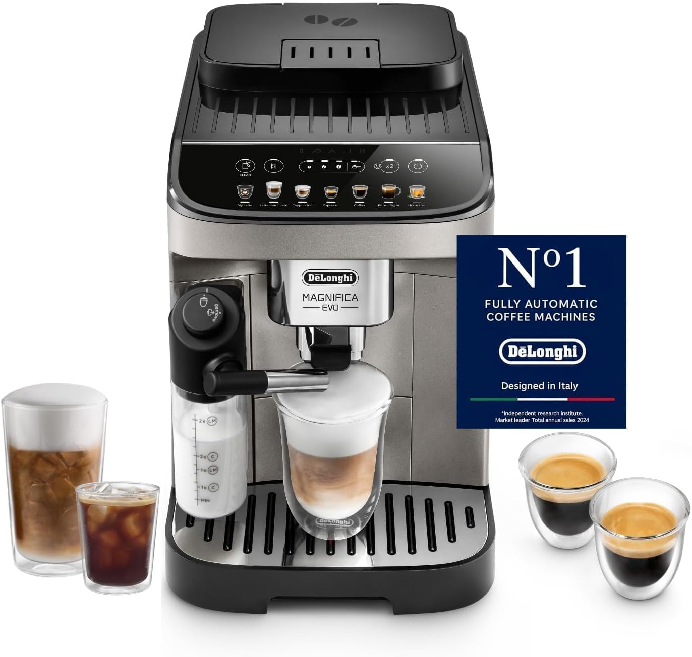 Magnifica EVO Bean to Cup Fully Automatic Coffee Machine, Traditional Milk Frother, Built In Grinder, ECAM290.81.TB, Titanium & Black,