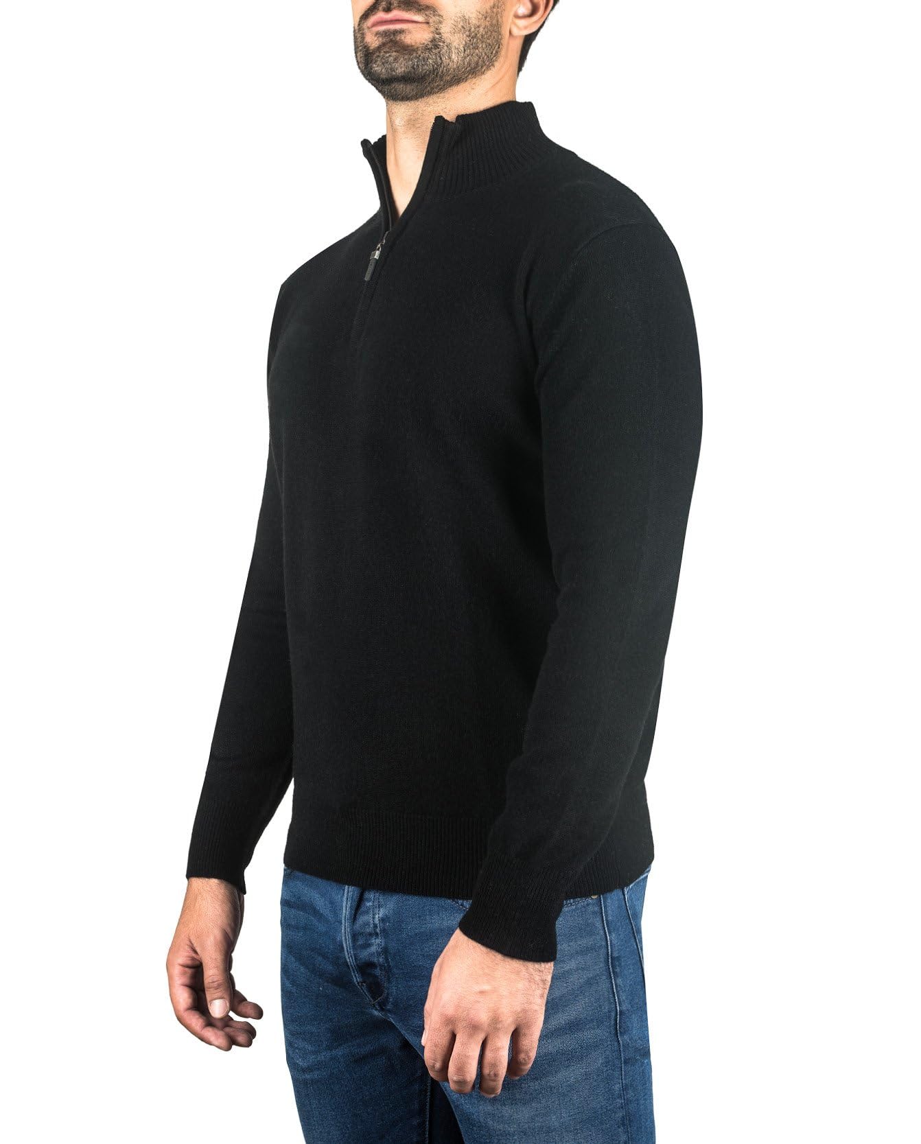 100% Kaschmir Herren Stehkragen Pullover | Sweater mit Reißverschluss 2-fädig