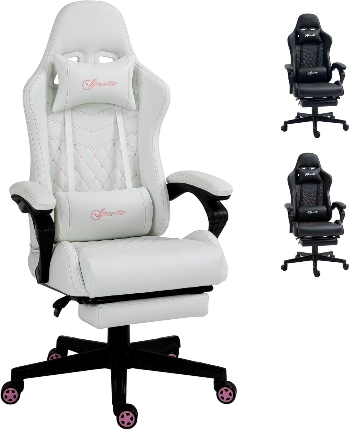 Vinsetto Computer Gaming Chair PU Leather Racing Chair 130° Reclining Desk Chair with Lumbar Support and Adjustable Height, Swivel Rolling Wheels and Footrest for Home, White