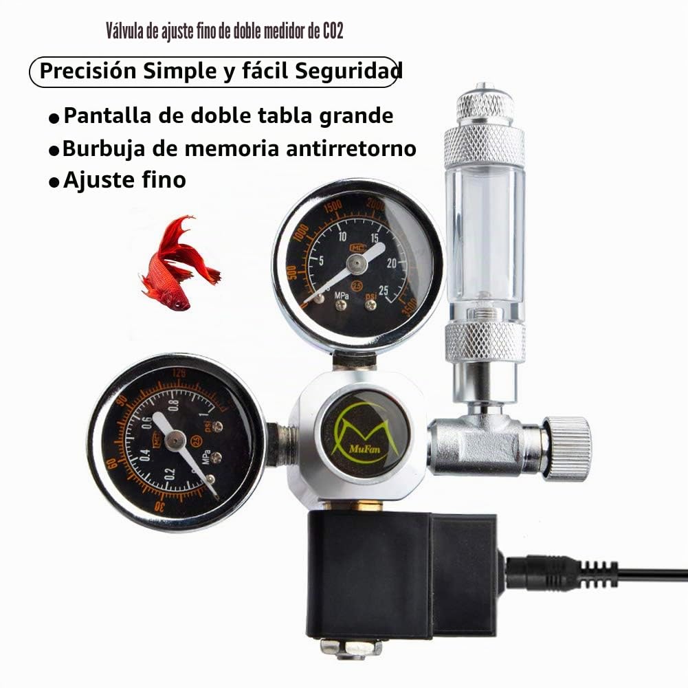 Reductor de Presión de CO2 Con Válvula Solenoide, Manómetro y Antirretorno - Magnética Reutilizable para Acuario, Contador de Burbujas, Interfaz W21.8