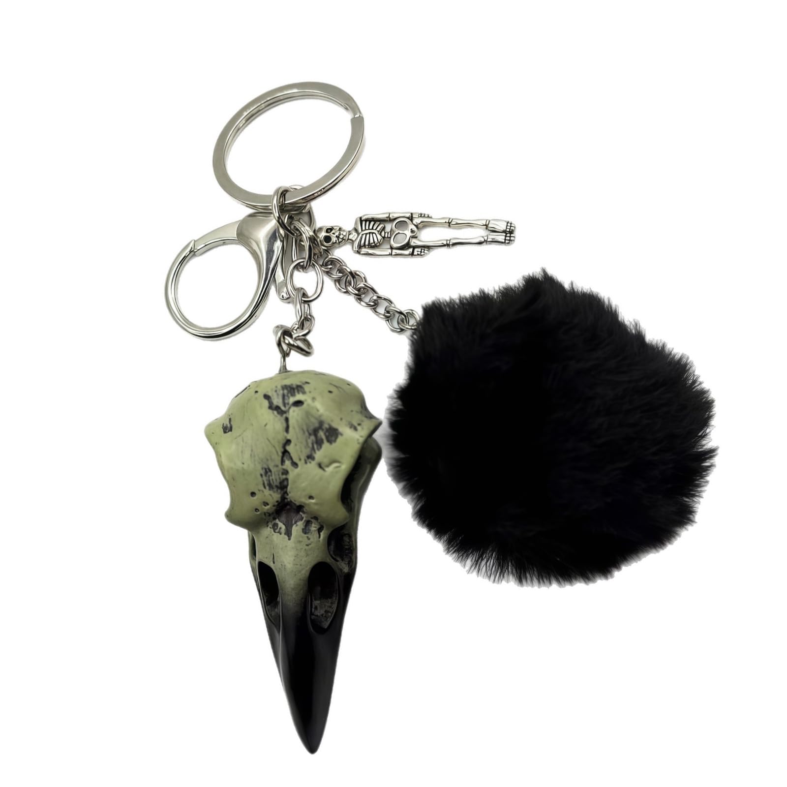 Shurhome Crow Skull Keychain with Soft Plush Ball Charm Lightweight Resin Keyring for Goth Accessories Unique Gift Artistic Skeleton Keychain