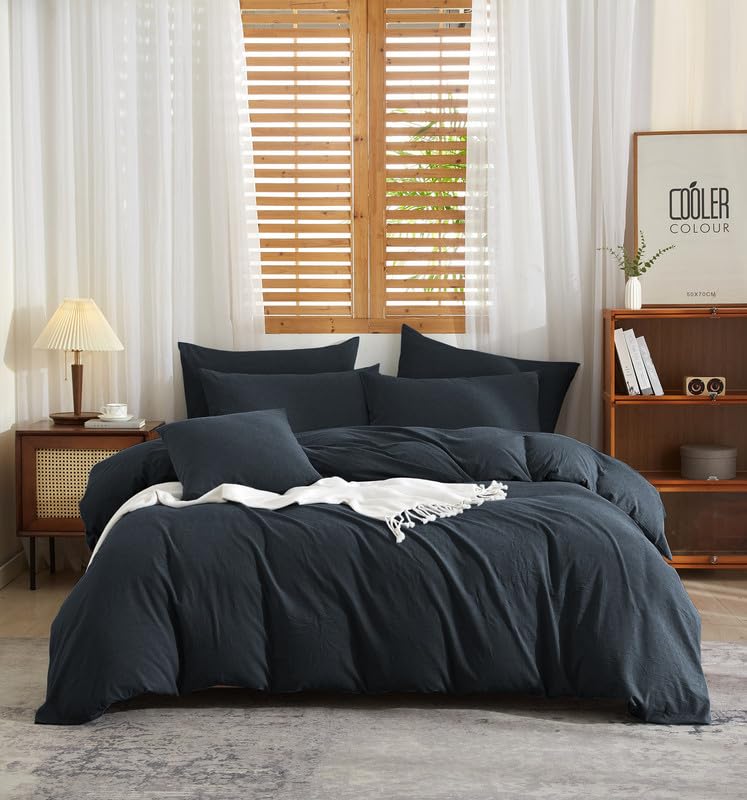 Gezu Housse de Couette Coton Lin 220x240 Gris Parure de Lit 100% Lin Coton