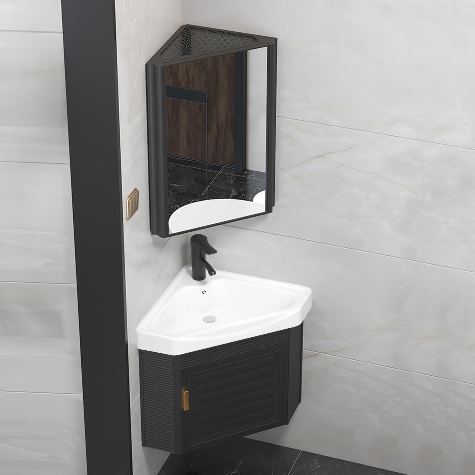 DFGHNBVC Wall Mount Ceramic Vessel Sink, Corner Bathroom Basin With Cabinet Set, Space-Saving Solution For Bathrooms And Laundry Rooms,Black-38Cm/15In