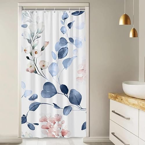 Miniatura 3 de Cortina de ducha con diseño de eucalipto azul acuarela, juego de cortina de ducha pequeña para caravana, impermeable, decoración de baño floral de