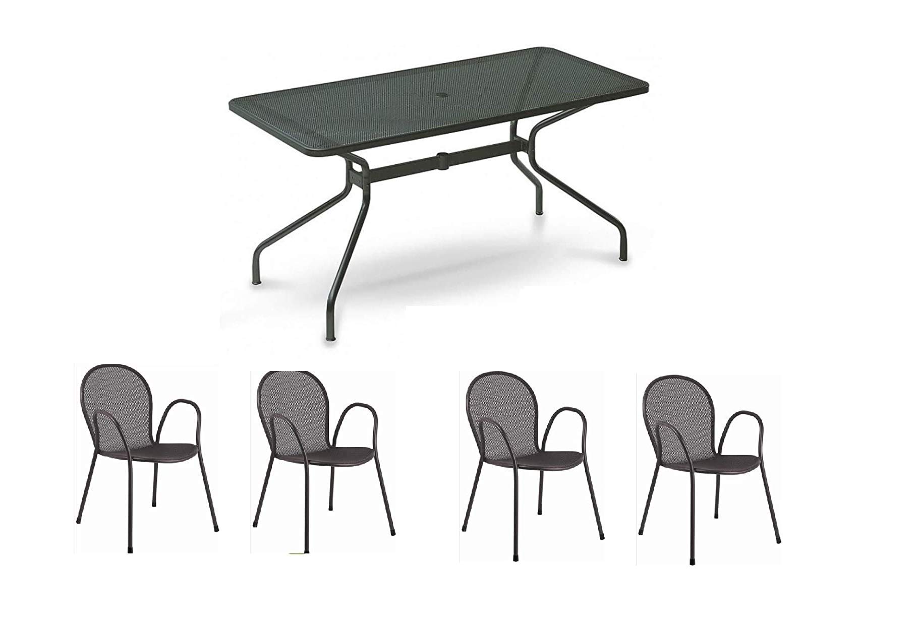 EMU Tavolo per Esterno Cambi 140x80 CM in Ferro ZINCATO E Verniciato A POLVERI - Colore Ferro Antico Fantasia 22 + 4 POLTRONE Modello Ronda con BRACCIOLO - Prodotto Made in Italy
