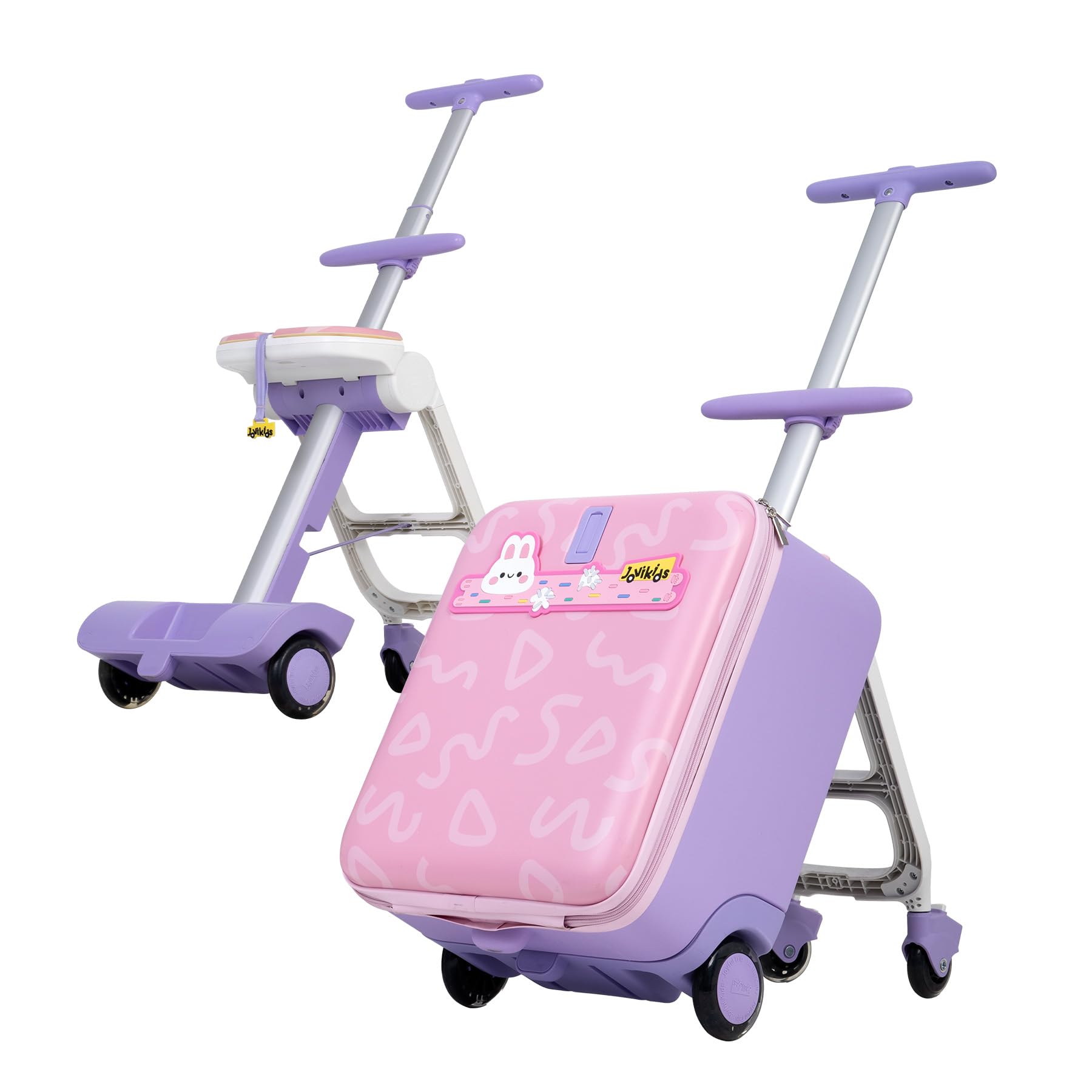 Jovikids Kinderkoffer zum Draufsitzen, 3 in 1 32L Trolley Kinder mit Teleskopstange und 4 Rollen, Reisekoffer Kinder, Faltbar und abnehmbar, mehrere Fächer (Rosa)