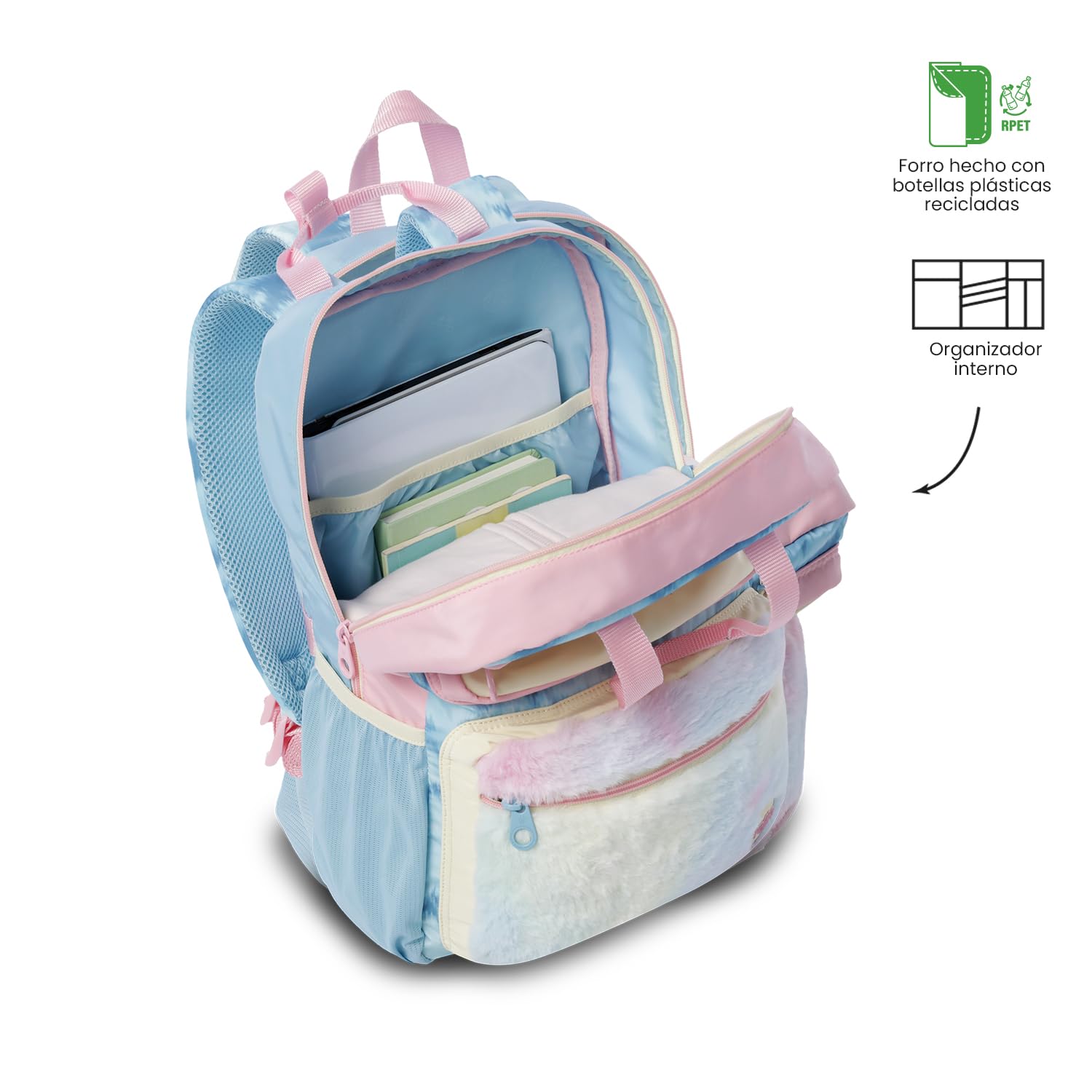 TOTTO - Mochila Escolar, Modelo Bloum M, Mochila Mediana, Capacidad 11 L, 2 Compartimentos Delanteros, Bolsillos Botella, Organizador Interno, Correas Acolchadas, Resistente y Duradera, Estampado Azul