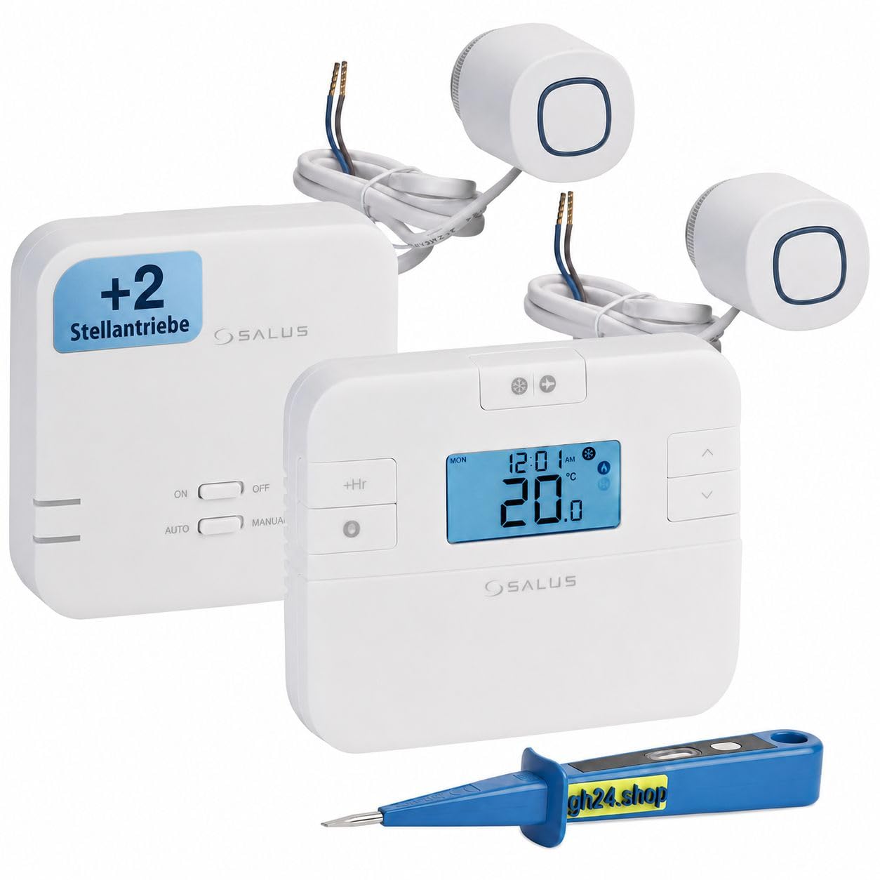SALUS Controls SmartHome Heizung Einzelraumregelung Digitaler Funk Raumthermostat mit Empfänger, 2X Stellantrieb und 1x gh24 Phasenprüfer
