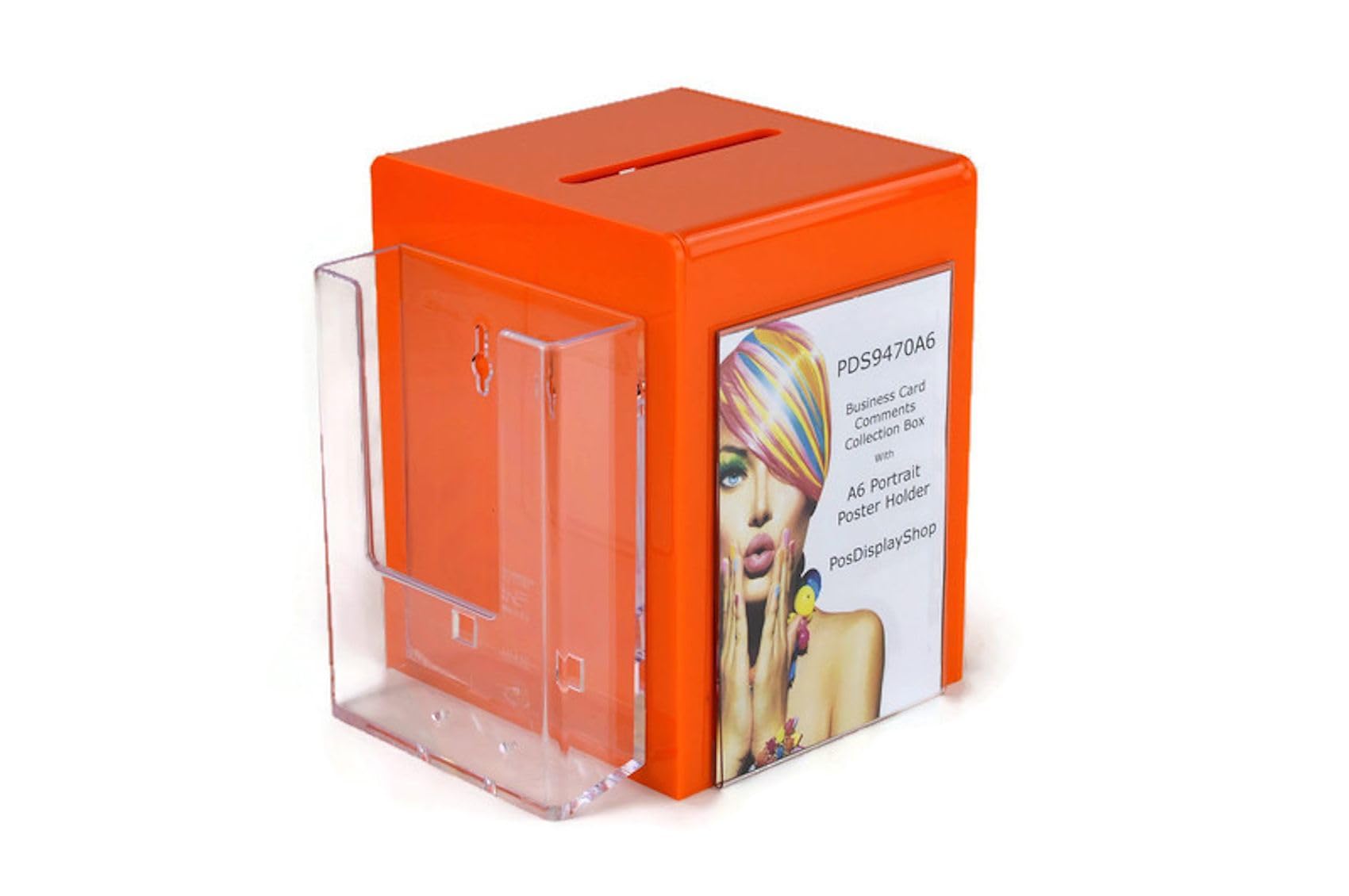 Pos Display Shop Small Orange Acrylic Suggestion Feedback Comments Collection Box with A6 Portrait Poster Holder + Leaflet Holder PDS9470A6 (Orange) โ image 1