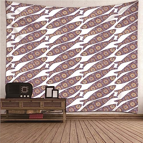Banemi Tapiz bohemio para colgar en la pared otoño blanco lila poliéster patrón de peces tapiz decorativo dormitorio 150 x 130 cm