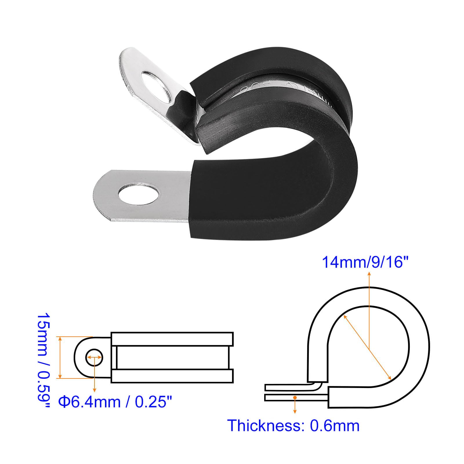 Unifizz 12Pcs 9/16 Inch(14mm) R-Shape Stainless Steel Rubber Cushioned Cable Clamp, Pipe Wire Tube Holder - Image 2