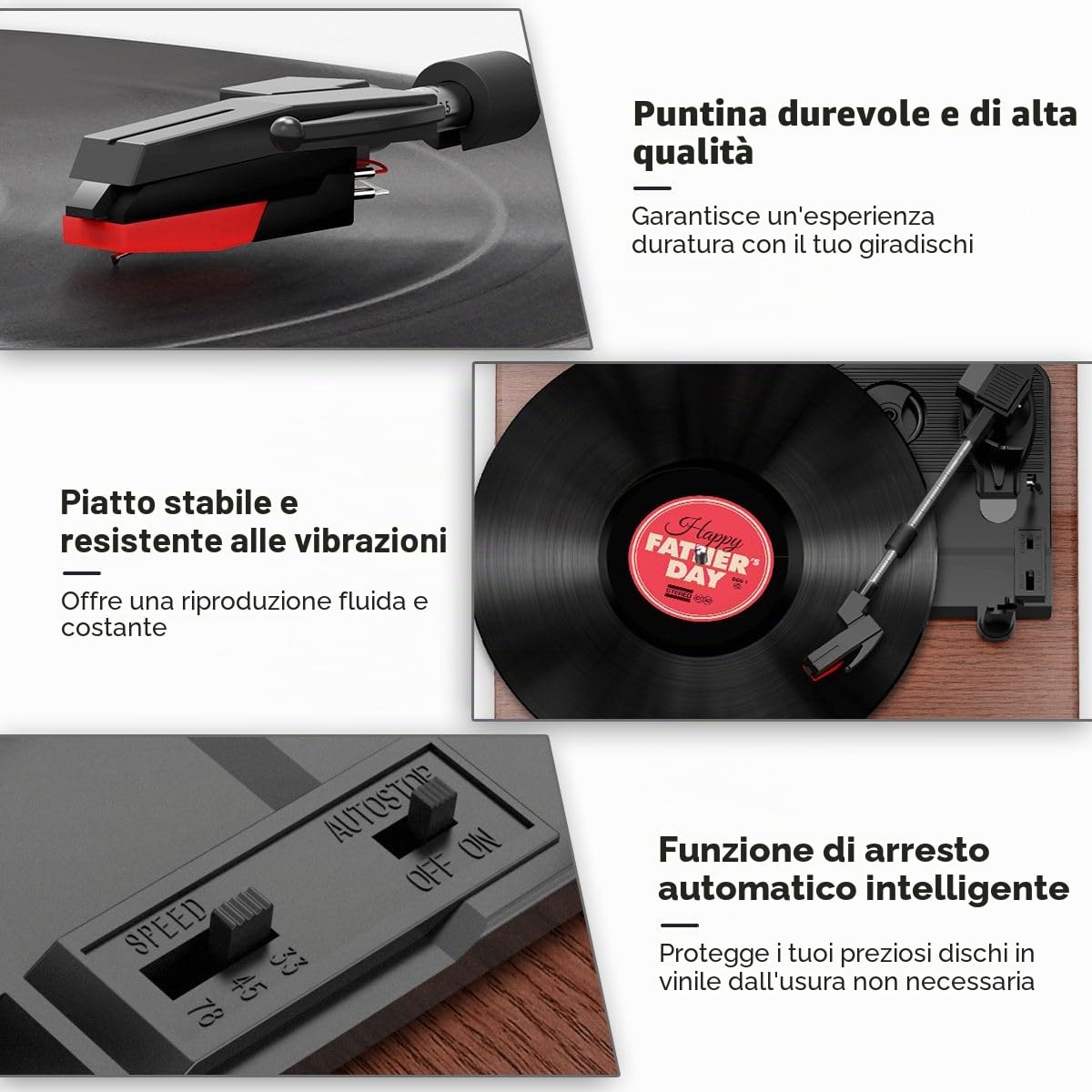 FYDEE Giradischi Vinile Vintage 3 Velocità 33/45/78 Giri Bluetooth Altoparlanti Integrati Auto-Stop RCA AUX Cuffie Mogano