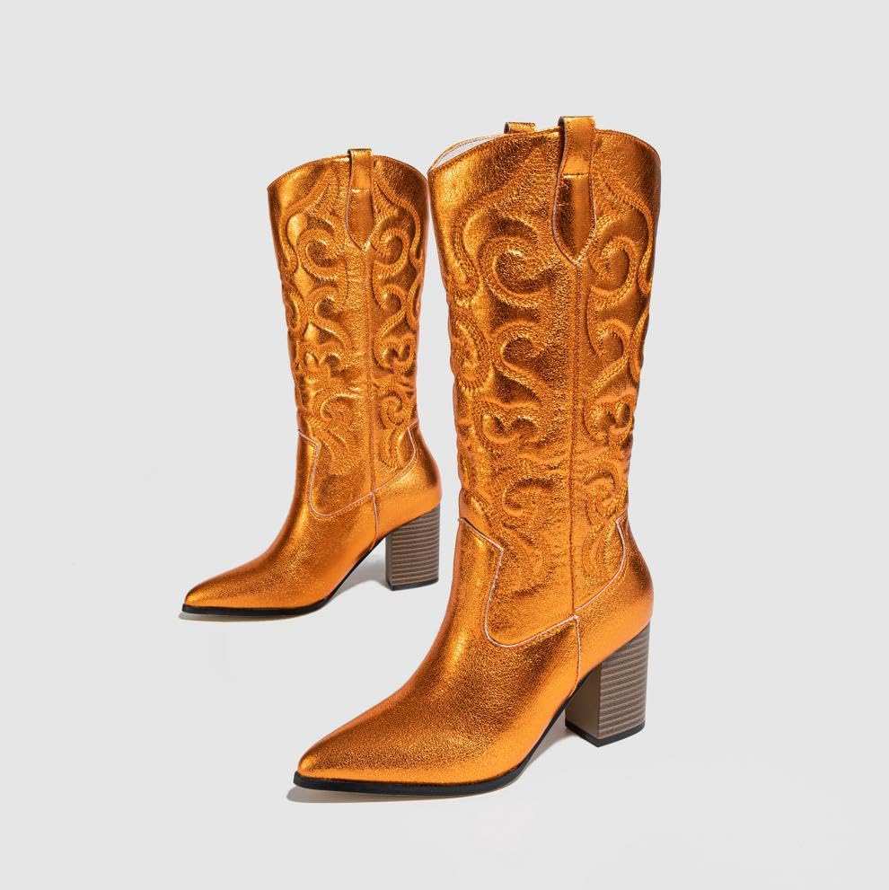 Cowboy Boots for Women Western Mid Calf Boots Retro Pointed Toe Pull On Long Tall Block Chunky Heel Cowgirl Boots4