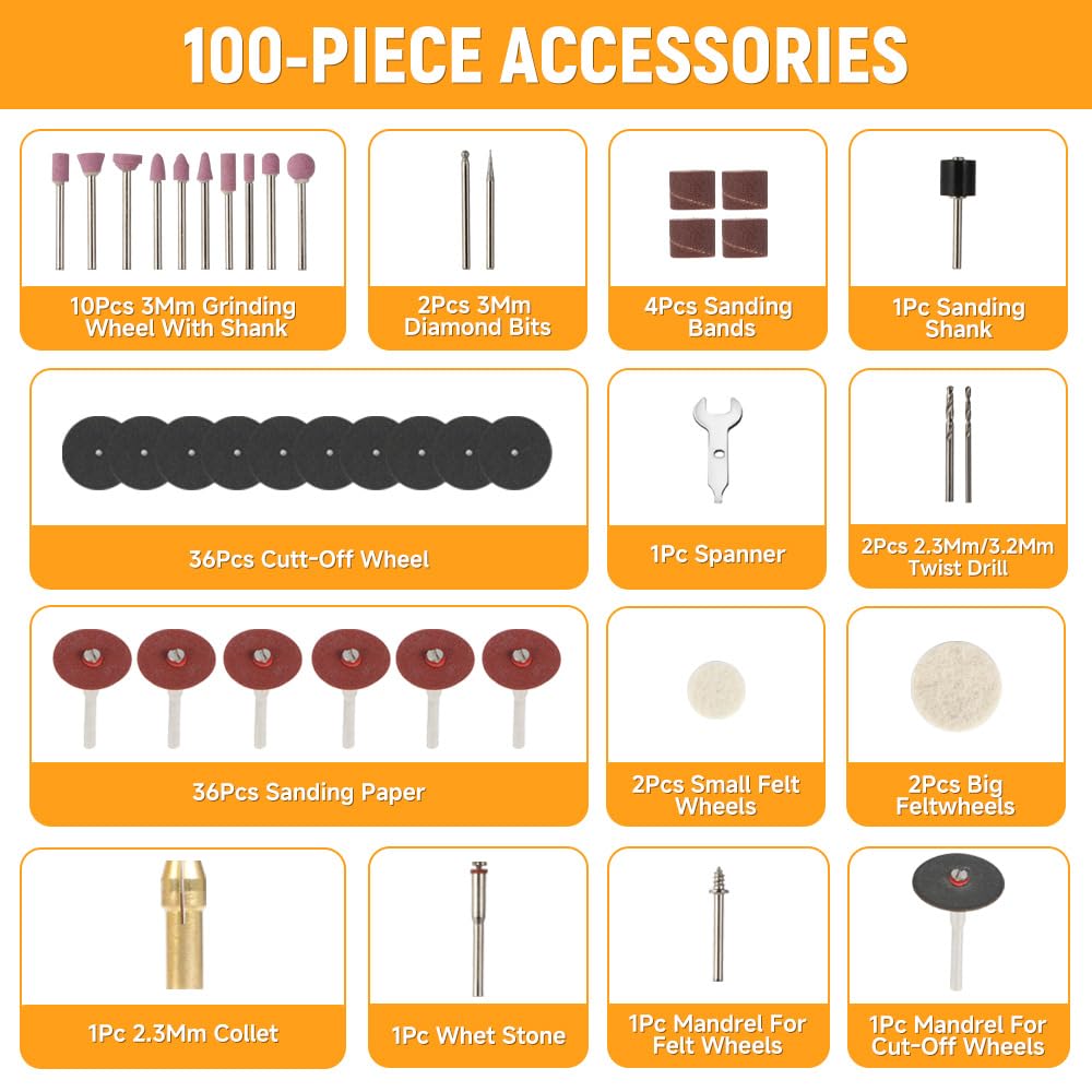Hoteche Utensile multifunzione da 100 pezzi, mini smerigliatrice elettrica con tubo e supporto, set di utensili rotanti da 130 W.