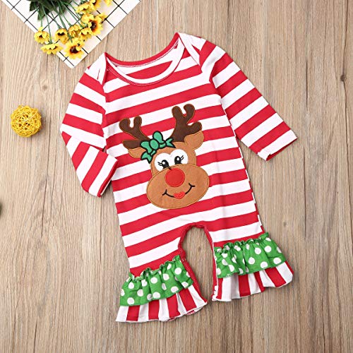 Mekysd Christmas Baby Newborn Long Sleeve Red White Striped Reindeer Santa Applique Jumpsuit Jumpsuit Tights Pajamas (Red White Stripes, 80(3-6 Months)) #TOP5