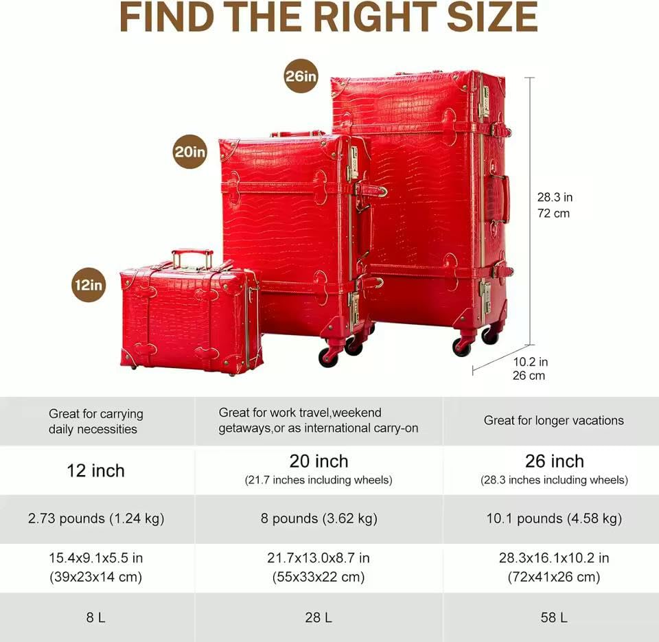 Vintage Style Luggage Set, 3-Piece Red Leather, 12/20/26 inch Spinner Suitcases with Double Aluminum Frame2