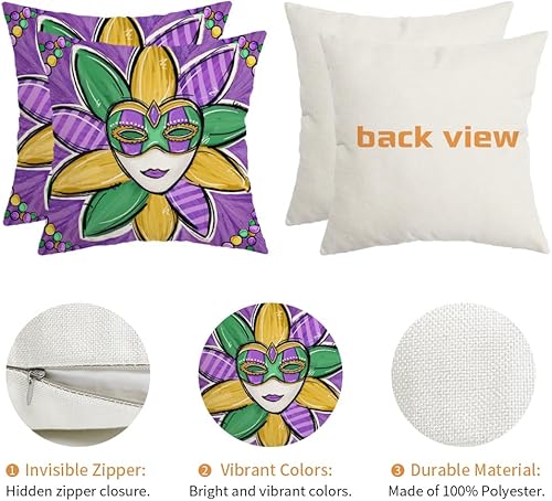 Miniatura 6 de AACORS Juego de 2 fundas de almohada de Mardi Gras de 18 x 18 pulgadas, decoración de cuentas de máscara, decoración de casas rurales para el sofá