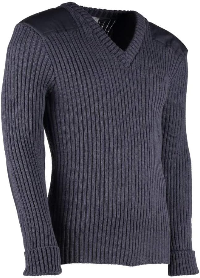 York Woolly Pully Vee Neck Sweater with Patches - Epaulets - Pen Pocket (X-Large / 48-50 inch, Blue/Grey)