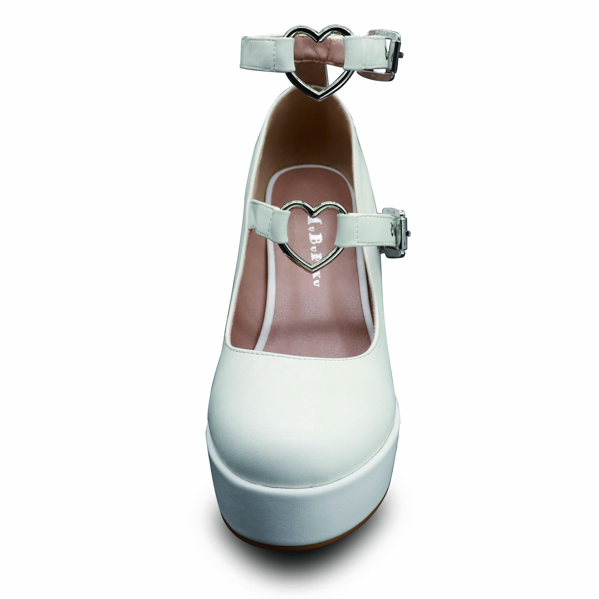 MUBUPUXU Women's Sexy Thick Heels Platform Heart Buckle Strap Mary Janes High Heel Round Toe Goth Shoes: 10.5 White