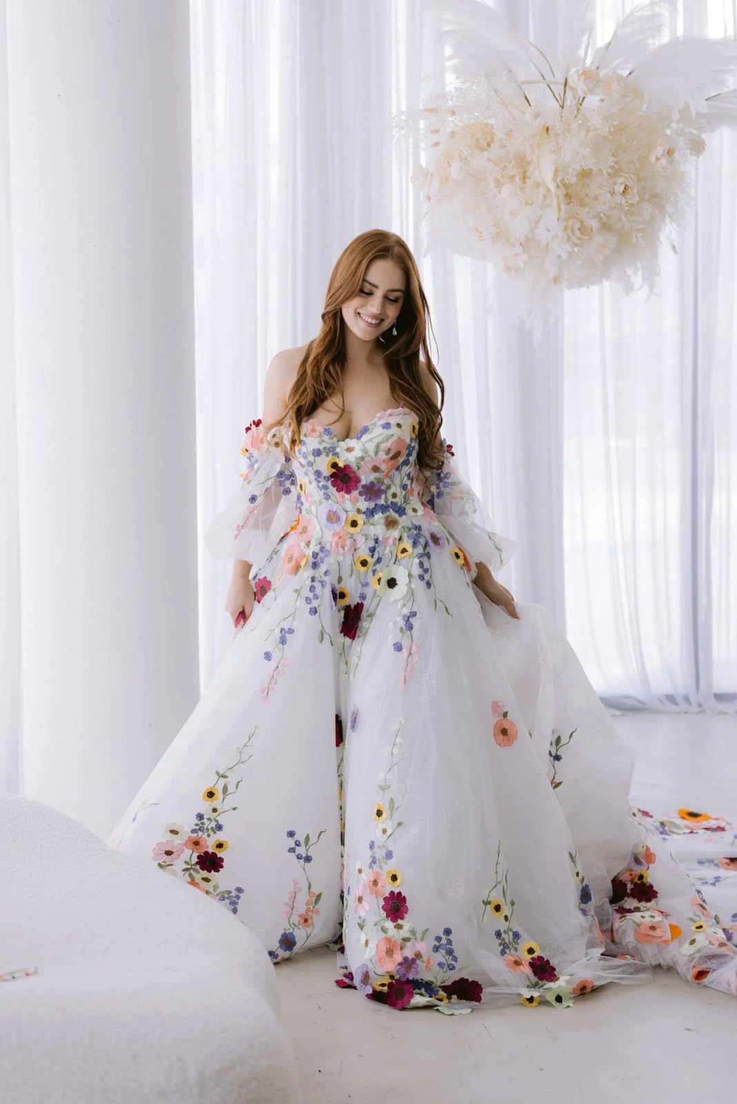 TSxuelian Brautkleid mit 3D-Blumenmuster, A-Linie, Strandkleid, Herzausschnitt, langes Brautkleid