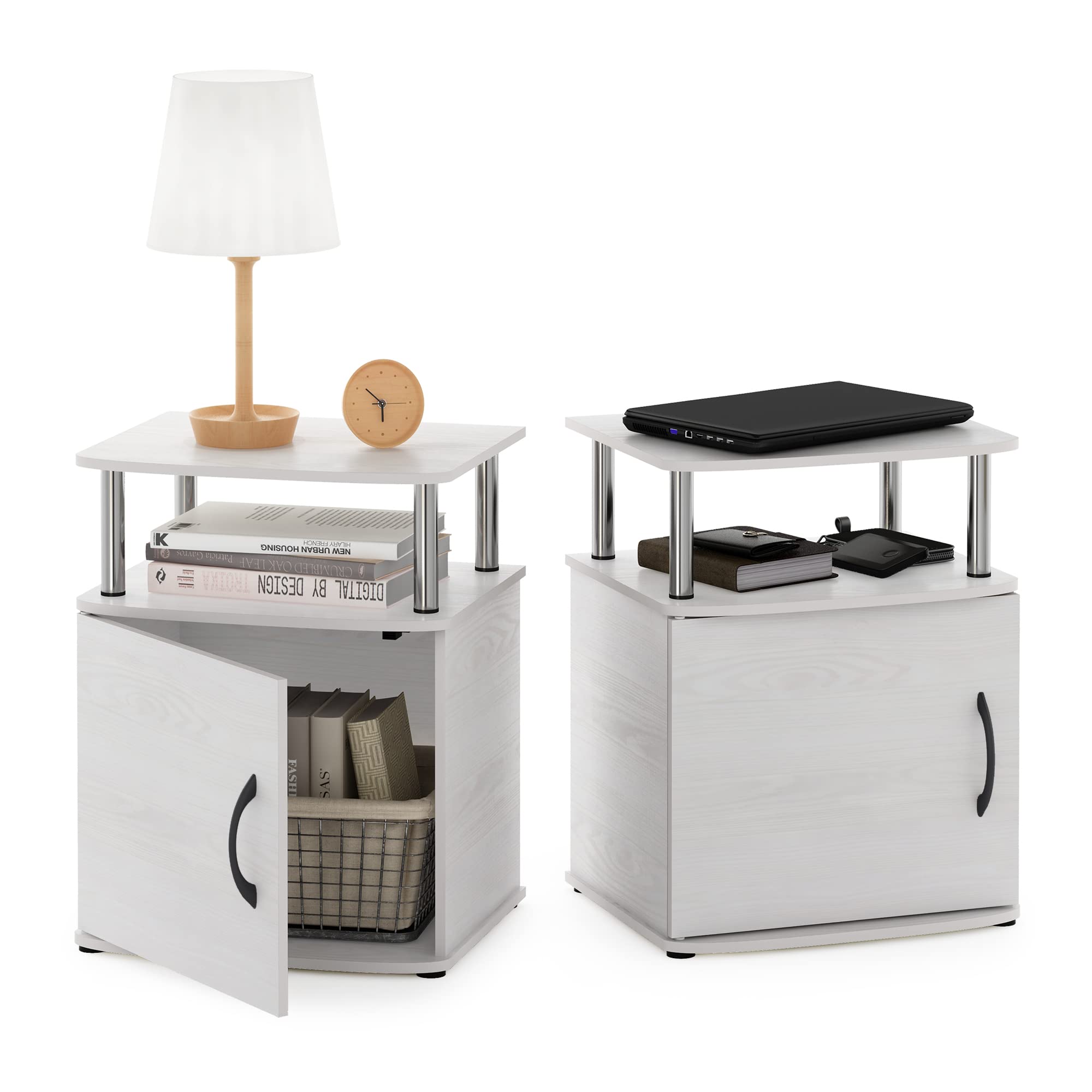 Furinno Jaya Tavolino dal Design Pratico, Legno ingegnerizzato, Rovere Bianco/Acciaio Inossidabile, Set di Due, 2 unità