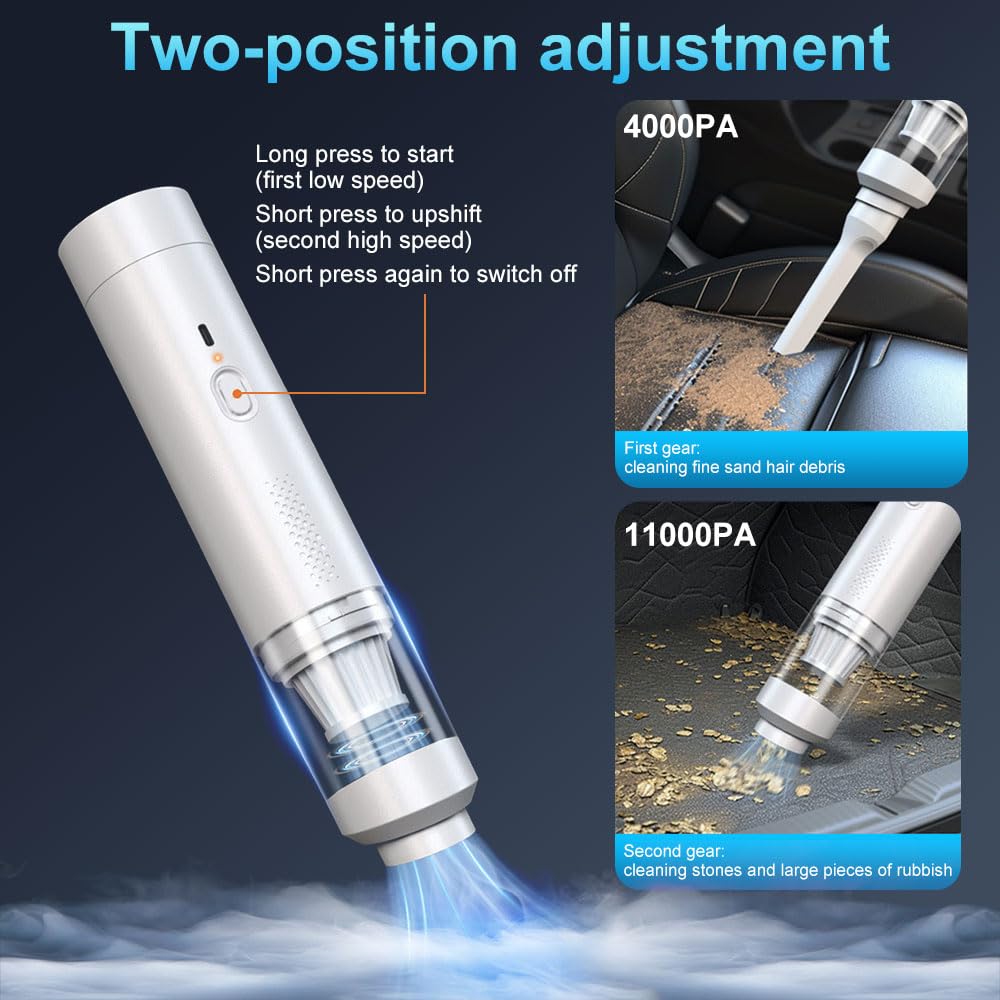 OBEST Aspirabriciole Senza Fili,11000Pa USB Ricaricabile Portatile Leggero Mini Aspirapolvere,Aspirapolvere e Asciugacapelli Wireless 2 in 1,Pulizia per Capelli, Auto, Casa, Ufficio, Cuc