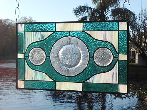 Stained Glass Window Panel, Vintage Window Treatment, Depression Glass Plate Panel, 1950 Jeannette Glass Harp, Stained Glass Transom Window