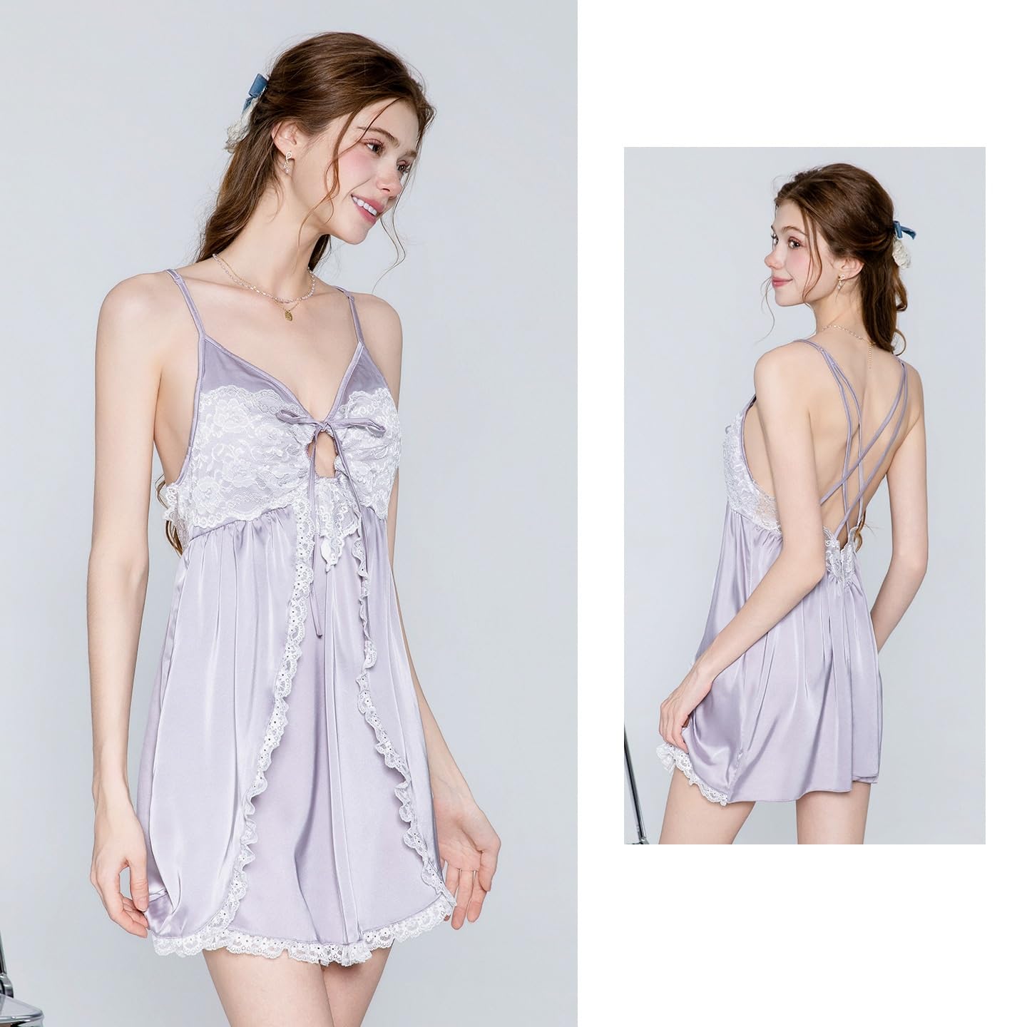 Bata Novia Conjunto De Camisón/Bata De Satén De Seda con Escote En V Profundo Y Lazo Frontal.