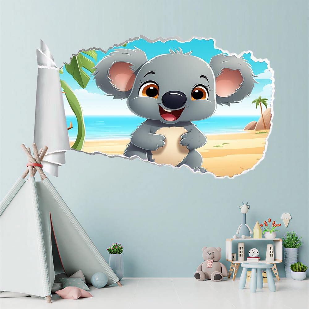 Decalcomania Fracassata 3D, Animali Koala Adesivo staccabile e adesivo rimovibile, Paesaggio Della Spiaggia Tatuaggio da parete Ragazze Camera da letto Decor Mural Home Decor