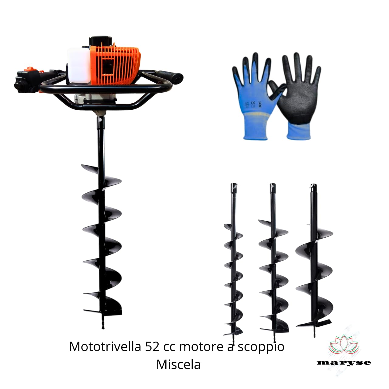 Trivella a Scoppio Mototrivella Professionale 52cc - Con 3 Punte da 100, 150, 200mm - Ideale per Pali da Recinzione, Giardinaggio, Bricolage e Costruzioni