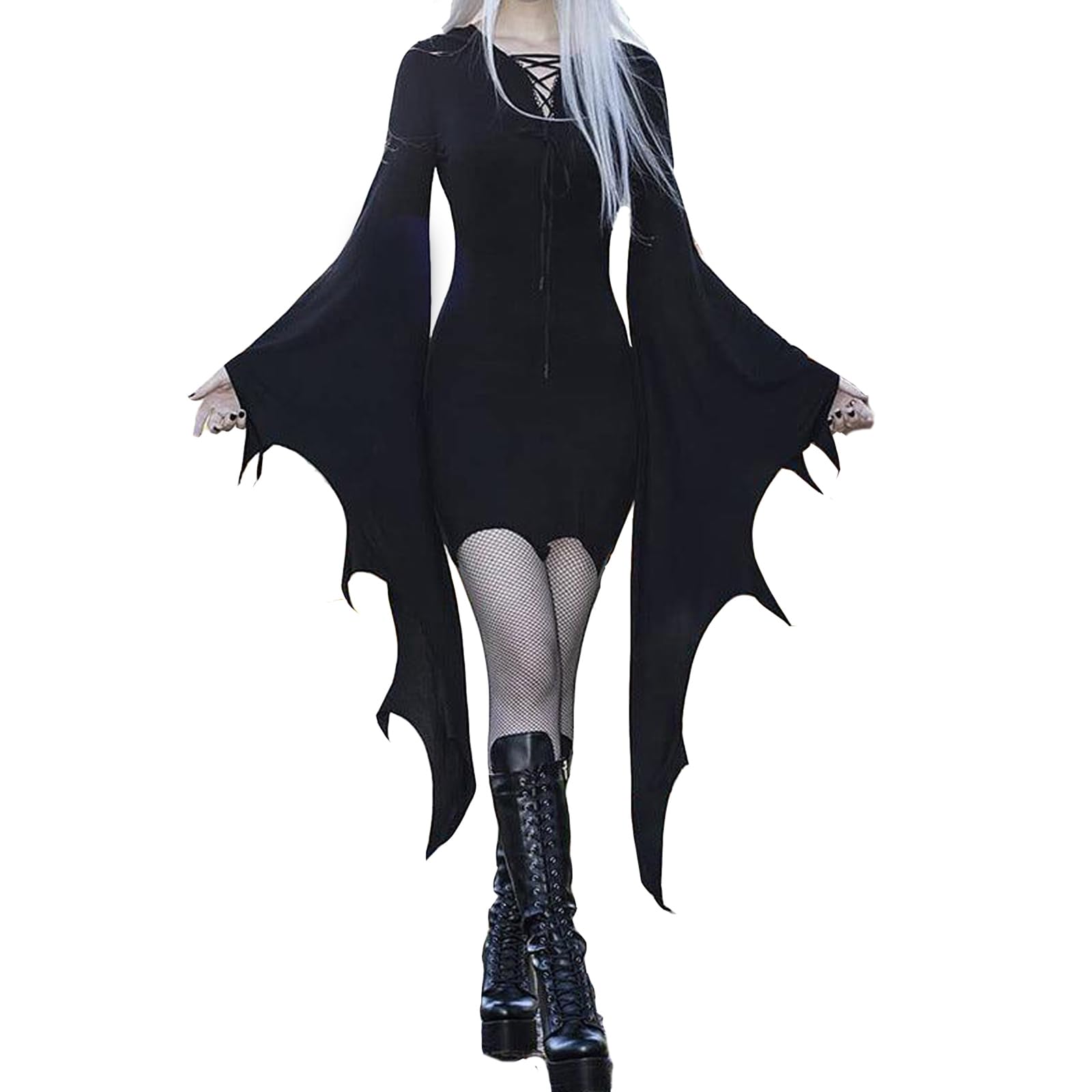 Edhomenn Womens Hooded Halloween Costume Witch Batwing Sleeve Gothic Fancy Dresses Mesh Sheer Romper Dress Sexy Jumpsuit Cosplay Outfits (02 Black, S)