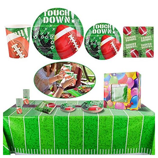 FiGoal Football Themed Party Supplies and Party Decorations for 32 Guests– Include, Table Cover, 9”Dinner Plates, 7”Snack/Dessert Plates, Napkins, Cups, Super Bowl Tableware Accessory Decorations