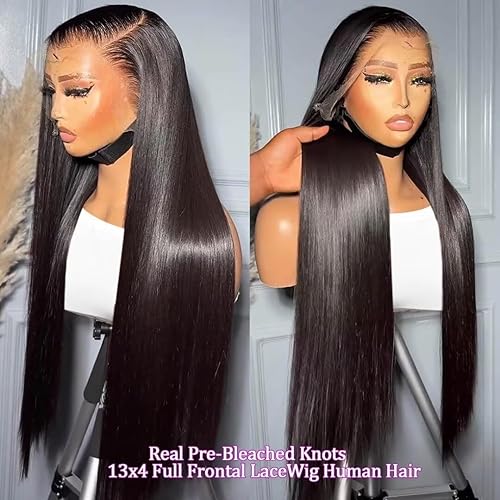 Miniatura 5 de Peluca de cabello humano lacio con encaje frontal completo de 13 x 4 pulgadas, nudos blanqueados, densidad del 180 %, 13 x 4, peluca frontal de