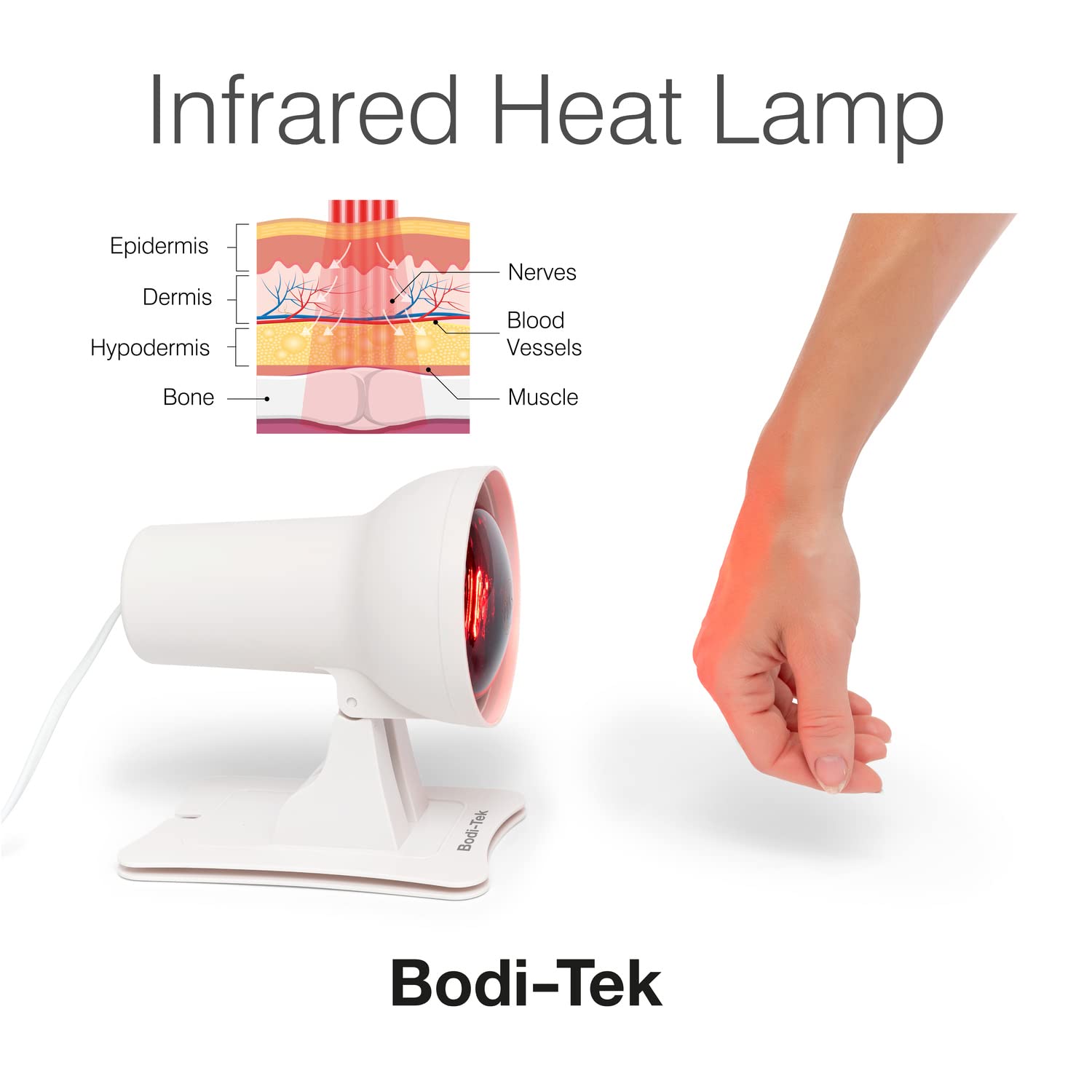 Bodi-Tek Lámpara de calor infrarroja con bombilla inastillable de 150 W para un calor calmante y penetrante profundo, ayuda a aliviar dolores musculares y rigidez de las articulaciones, temporizador y