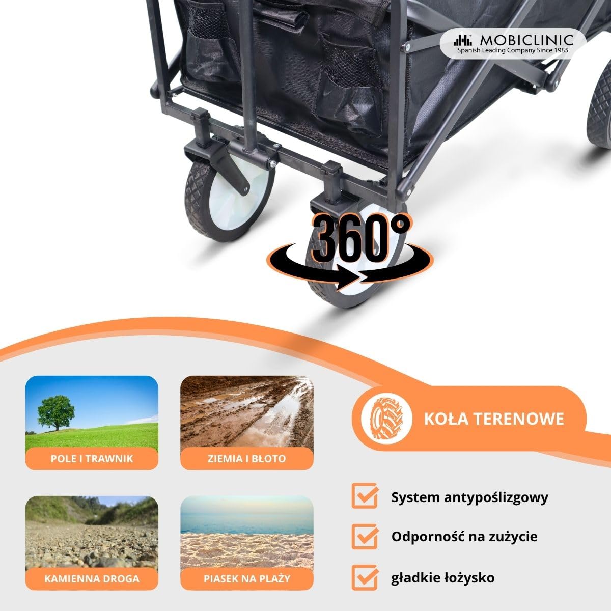 Mobiclinic®, Składany wózek transportowy, Na plażę i do ogrodu, Duna pro, Regulowana rączka, 360º terenowe koł, Nośność 100 kg, 85x54, 5x58, 5cm, Wodoodporny, Stal, Pcv, Czarny