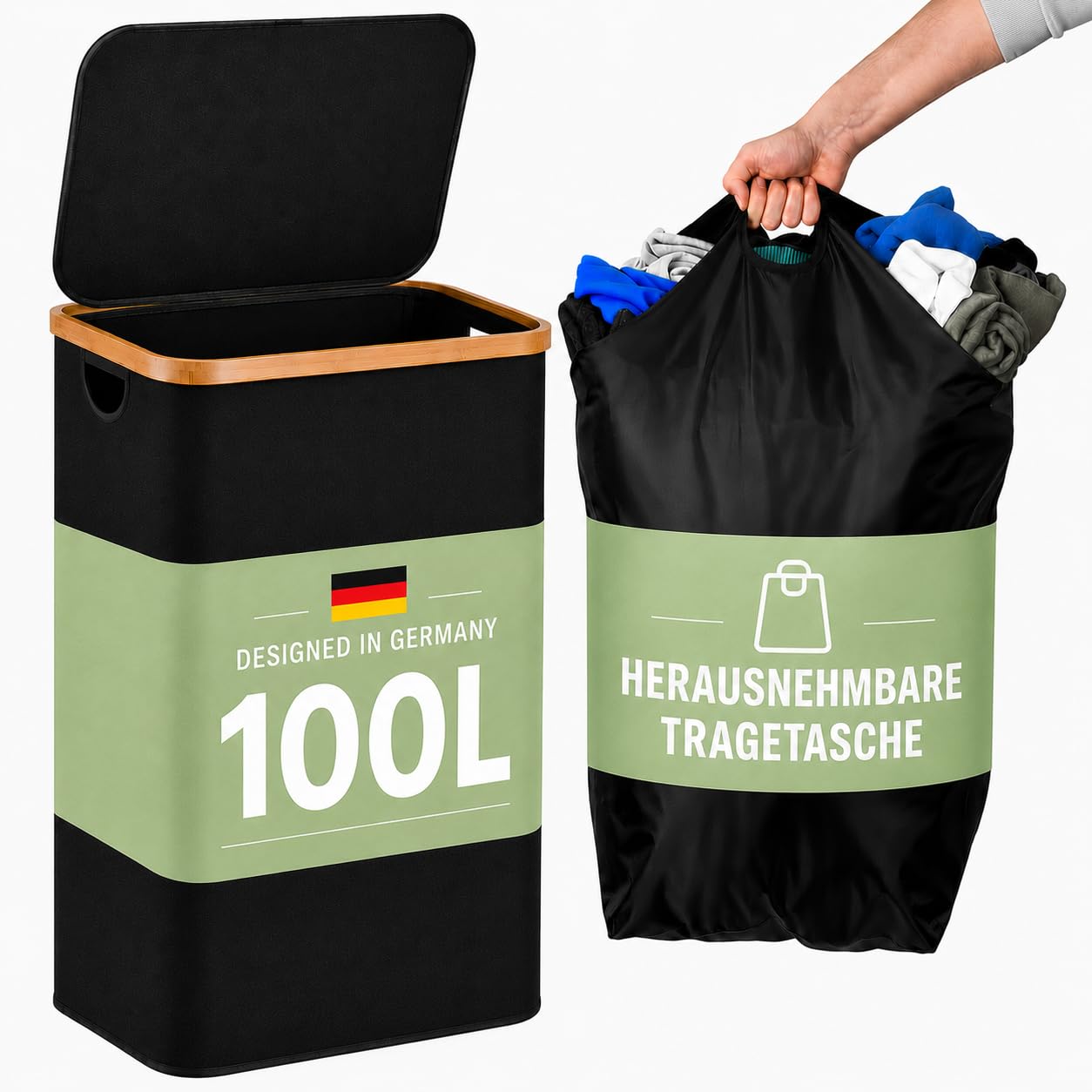 Wäschekorb mit Deckel 100l, Wäschesammler, Wäschebox, Wäschetonne, hoher Wäschekorb mit Bambusrahmen, Aufbewahrungsbox für Spielzeug, Handtücher, Geschenkpapier, laundry box, Pfandflaschensammler