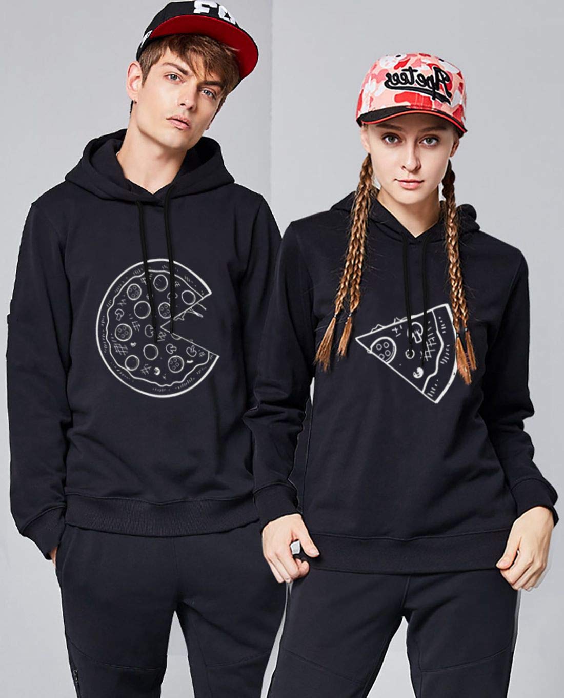 Friend Shirts Couple Hoodie Pizza Pärchen Kapuzenpullover Set Partner Look Pullover Paare Pulli Sweatshirt Schwarz Weiß Damen Baumwolle Geschenk 2 Stücke (schwarz-Herr-L+Dame-S)
