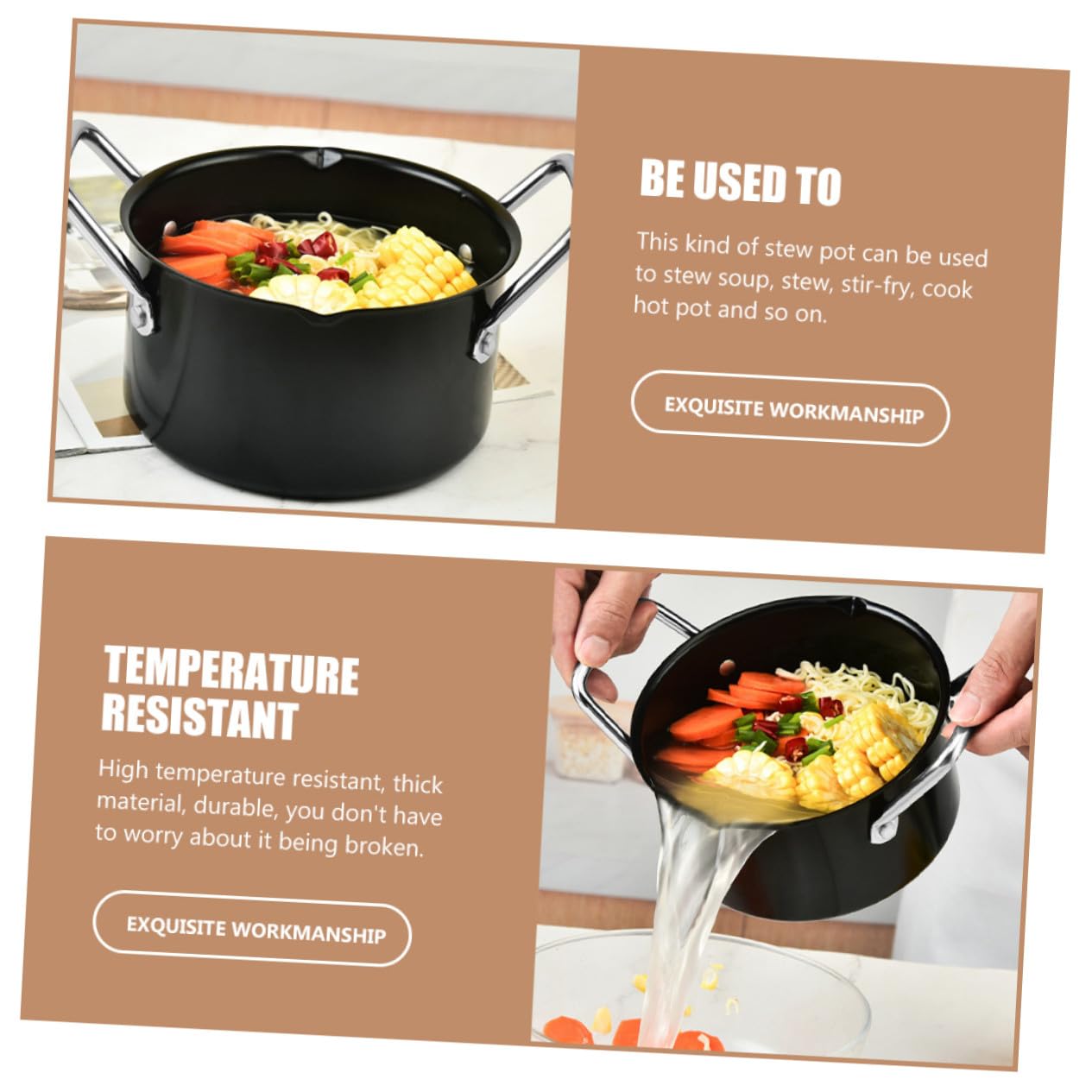 UKCOCO Olla de Acero al Carbono Gruesa Asa, para Guisar y Salsa Barbacoa, Uso en Cocina del Hogar y Picnic, Negra
