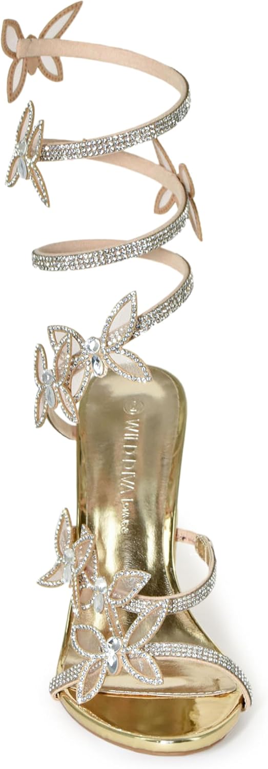 Wild Diva Women's Morris-581 Rhinestone Butterfly Detail Spiral Coil Wrap Around Chunk Heel