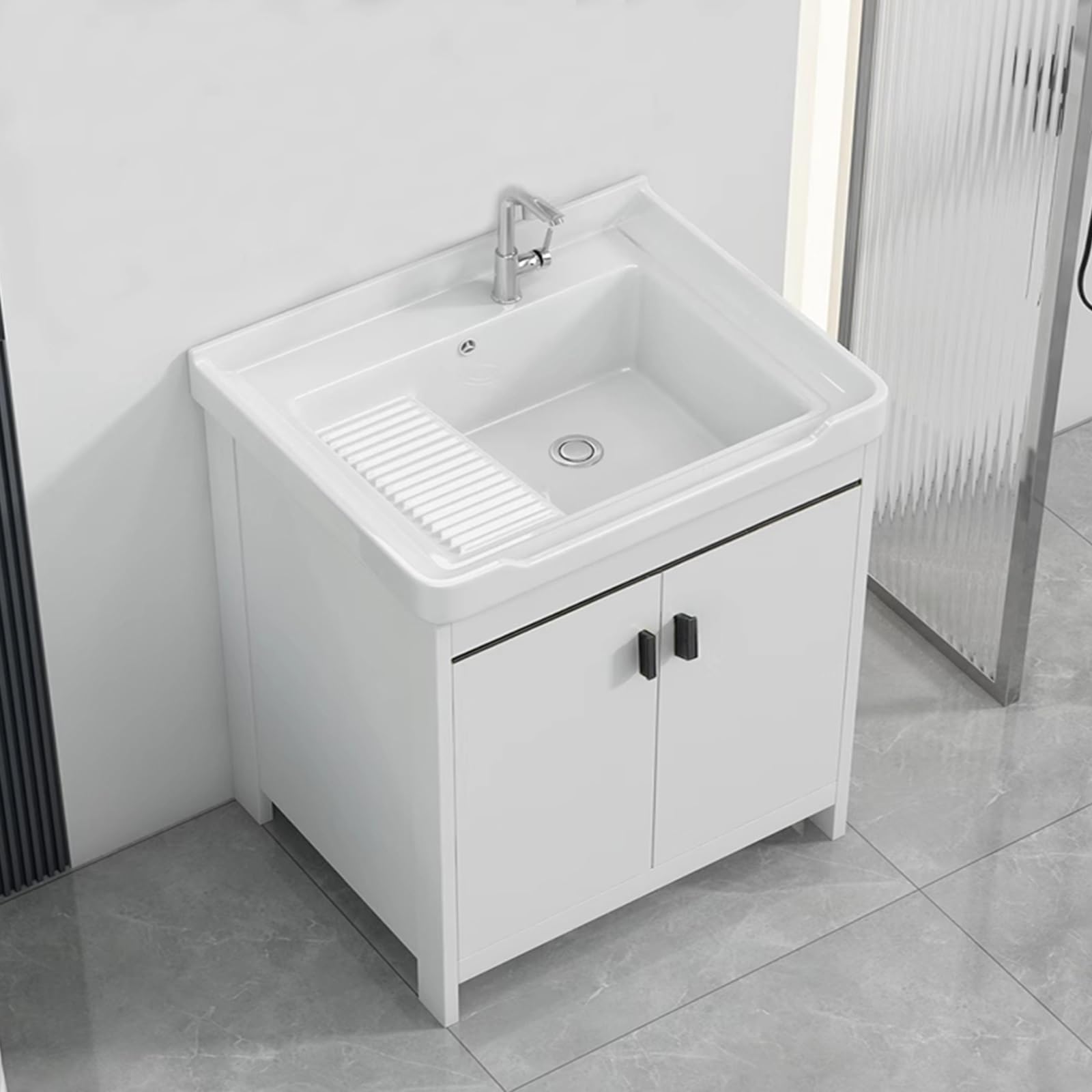 Bathroom Vanity with Ceramic Sink, Modern Bathroom Cabinet, Wooden Double Door Laundry Tub, Quick Assembly Hand Basin Washing Station for Garage, Restaurant, Laundry Room(60*47*82CM/23.6*18.5*32.2IN)