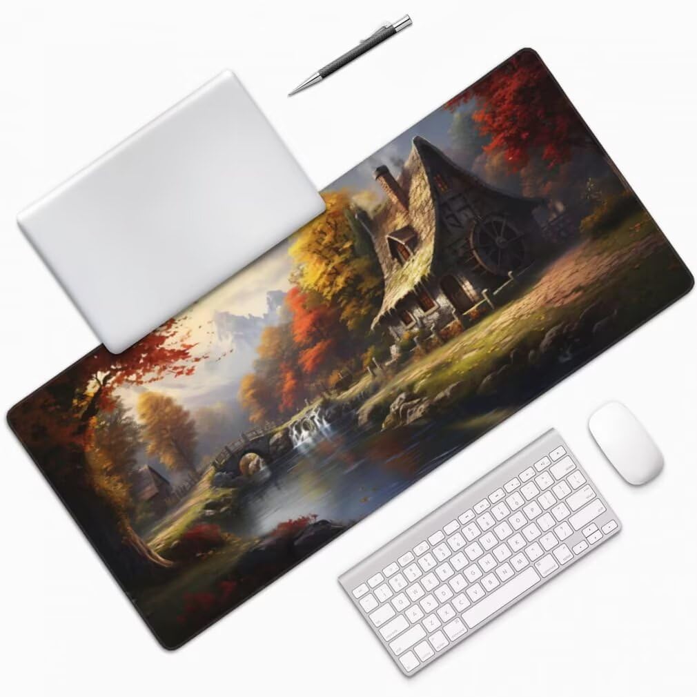 Tappetino Mouse Paesaggio da Favola, Mouse Pad XXL 1000 x 500 x 3 mm, Fiume Nella Foresta Tappetino Gaming Grande Sottomano Scrivania, Impermeabile Mousepad con Base in Gomma Antiscivolo -MP863