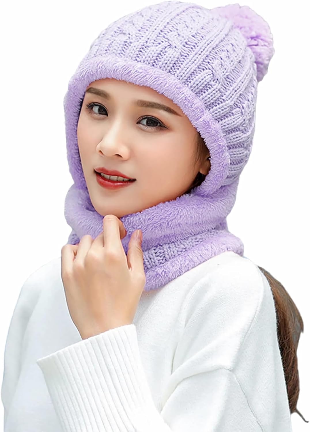 HUAMULAN Women Winter Beanie Hats One Piece Fleece Lined Knit Balaclavas Mask Set Skull Neck Circle Scarf Ski Snow Hat Pompom - Image 2