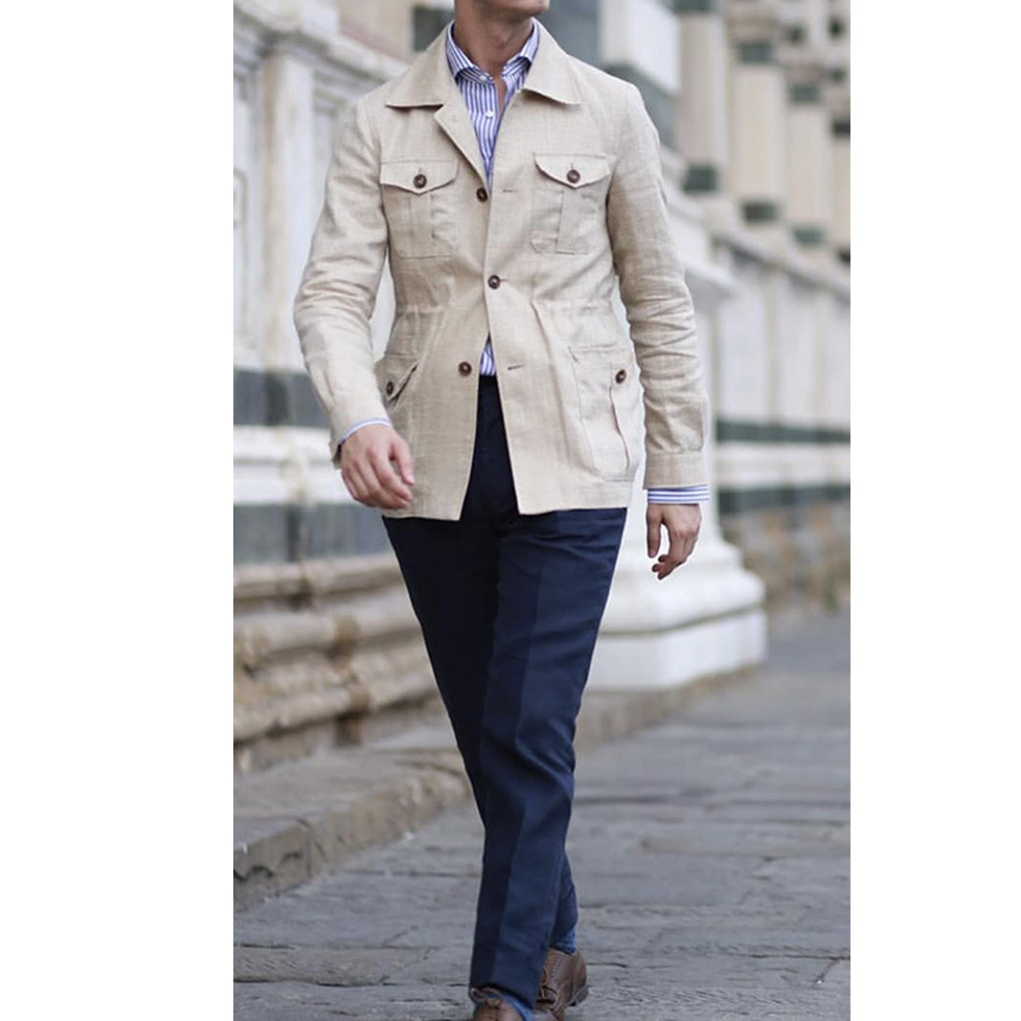 Legou Veste pour homme avec revers en lin et veste de travail multi-poches, ecru, XXXL