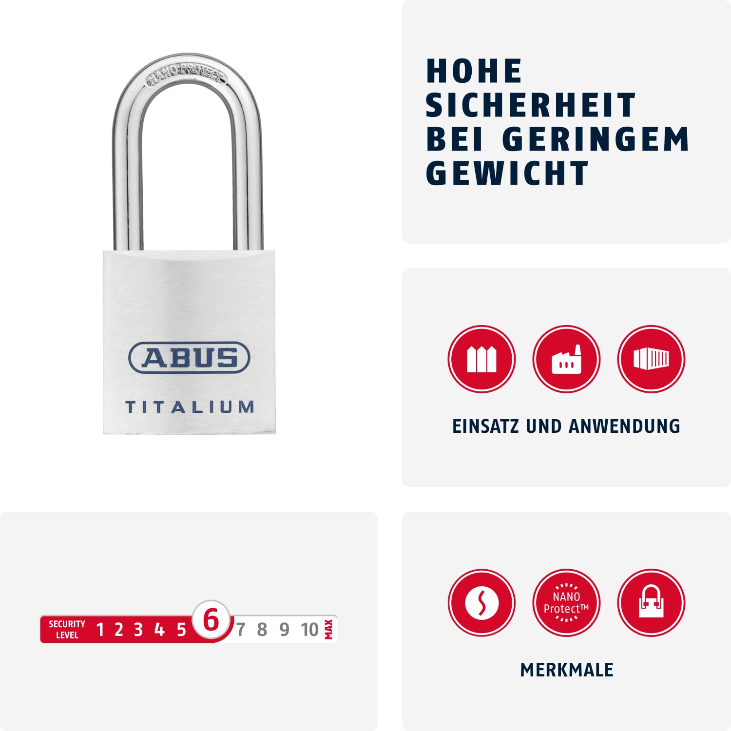 ABUS 562242-80TI/40HB40 Candado Titalium arco Nano protect y llave de 6 pitones 40 mm arco largo