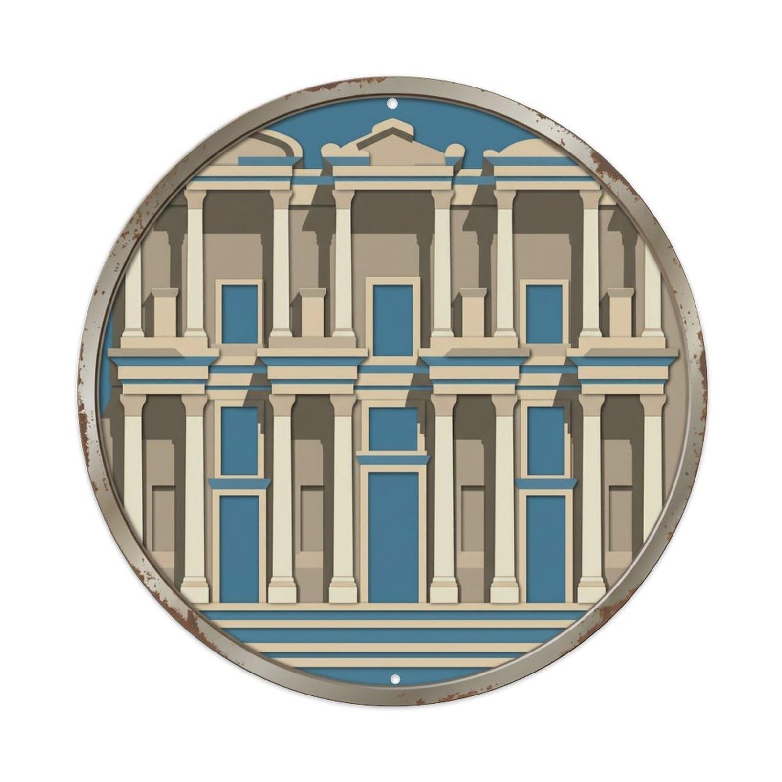 Ephesus Layered Library Travel Metal Tin Sign Plaque Wall Decor for Cafe, Club Bar, Office, Home Garden Round Metal Poster 8x8Inch