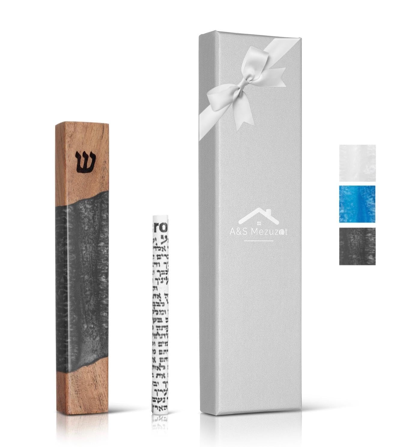 A&S Mezuzot Mezuzah Case for Door, Handcrafted Resin and Oak Wood mezzuza with scroll, Weatherproof Easy Peel and Stick Installation For Home Blessing And Protection (Charcoal Grey, 6 Inches)